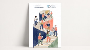 Ilustración de acuarela con personas de diversas edades y géneros subiendo una escalera. Símbolos de tecnología, diploma y engranaje. Logos de Fundación Compromiso y Potrero Digital.