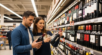 Una pareja joven sonriente mira botellas de vino en la sección de licores de un supermercado, ambos sostienen botellas.