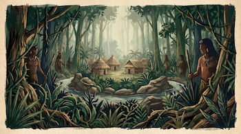 Ilustración de una aldea con chozas de palma y figuras humanas entre una densa selva con árboles altos, rocas y un río que la rodea.