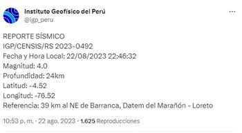Sismo en Loreto. (Captura: Twitter IGP)