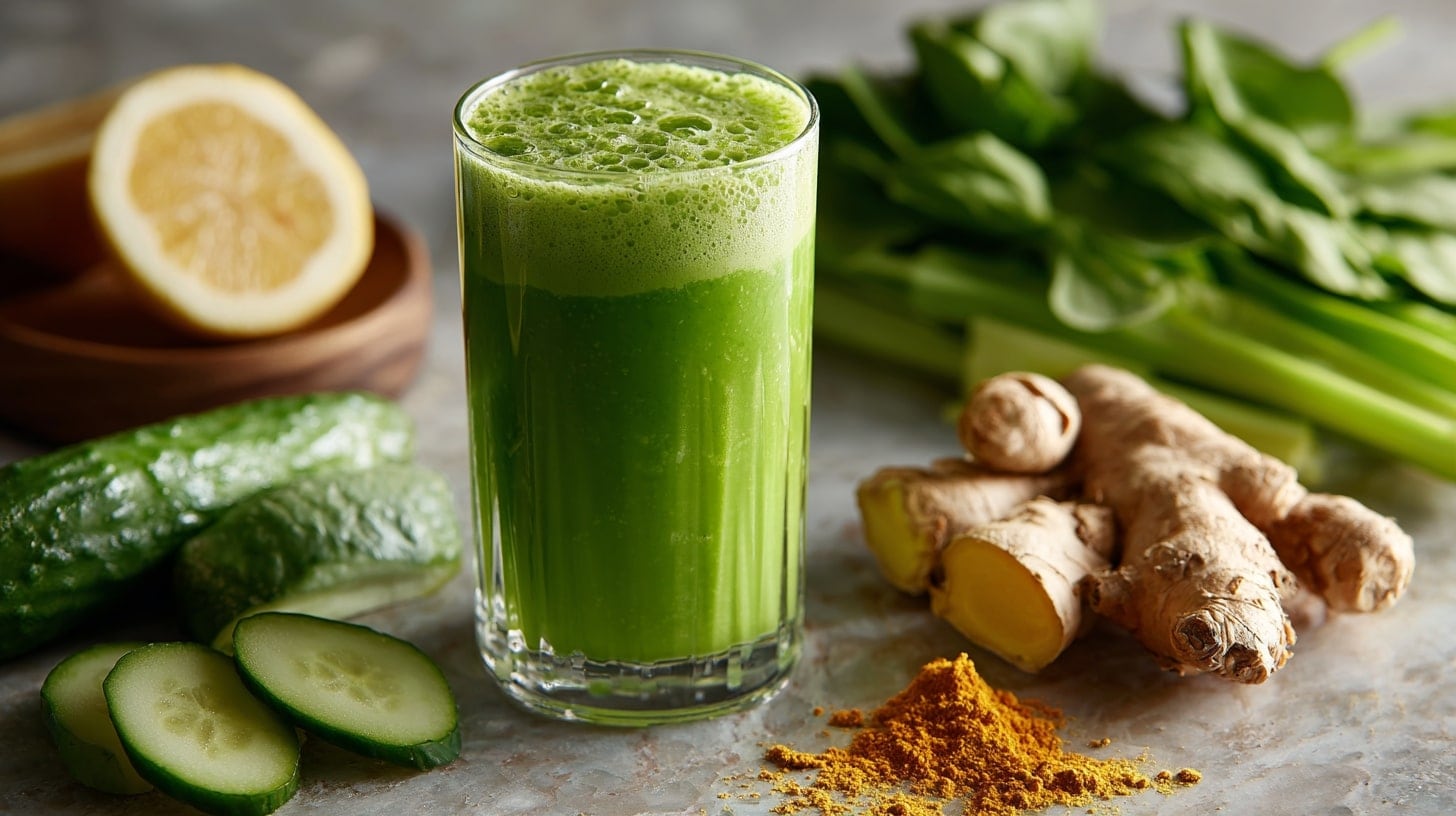 Vaso con jugo verde elaborado con pepino, espinaca, apio, jengibre y cúrcuma, preparado con ingredientes naturales de perfil vegetal y fresco. - (Imagen Ilustrativa Infobae)