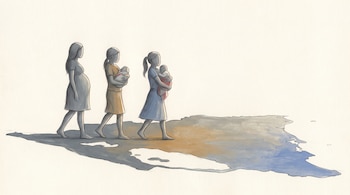 Dibujo de tres jóvenes, una embarazada y dos con bebés en brazos, caminando sobre un mapa estilizado de Nicaragua.