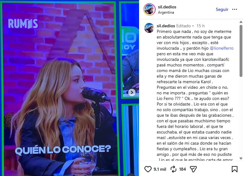 El posteo de la madre de Lionel Ferro contra Karol Sevilla