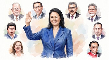 Ilustración de Keiko Fujimori con la mano derecha levantada, rodeada por ocho retratos en estilo acuarela de sus antecesores en la Presidencia de la República