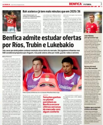 Así reporta A Bola la posibilidad de que Richard Ríos no continúe en el Benfica de Portugal - crédito A Bola