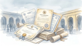 Ilustración en acuarela de documentos oficiales apilados: diplomas y papeles enrollados con sellos y lazos. De fondo, arcos de un edificio y siluetas de personas.