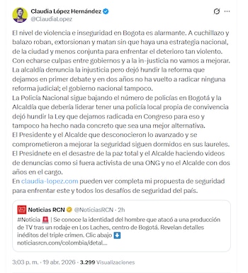 Claudia López cuestionó la gestión de seguridad en Bogotá y el país, al advertir un aumento de la violencia en la capital - crédito @ClaudiaLopez/X