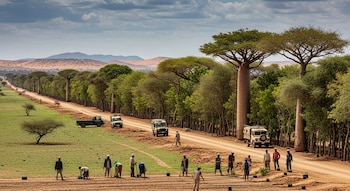 Vista aérea de trabajadores plantando árboles a lo largo de una carretera de tierra flanqueada por una hilera de árboles, incluyendo baobabs grandes, con vehículos y montañas al fondo.