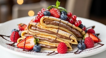 Varias crepas plegadas rellenas de crema de avellanas, espolvoreadas con azúcar glas y decoradas con fresas, arándanos, grosellas y frambuesas en un plato.