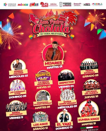 Cartel promocional rojo con el programa de conciertos de la 76ª Feria Milenaria de San Pedro Cholula y fotografías de los artistas participantes