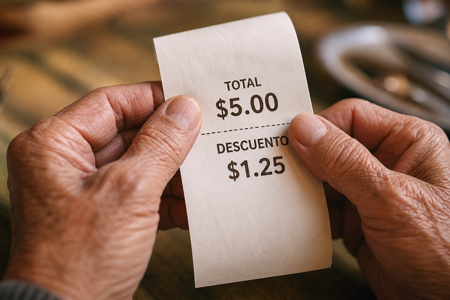 Un adulto mayor sostiene un recibo de restaurante con un total de $5,00 y un descuento impreso de $1,25. (Imagen Ilustrativa Infobae)