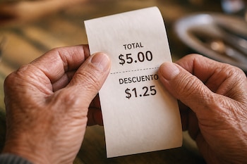 Manos de una persona mayor sostienen un recibo de papel con el texto impreso TOTAL $5.00 y DESCUENTO $1.25 sobre una mesa.
