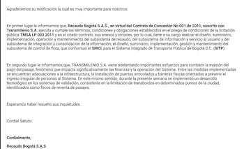TransMilenio dijo que durante un cambio tecnológico algunos usuarios no recibieron el beneficio y que ajusta la parametrización para normalizarlo - crédito Infobae Colombia