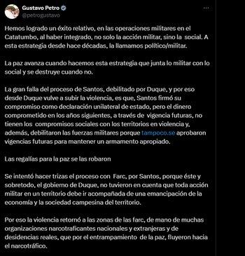 Petro envió un duro mensaje a varios expresidentes - crédito @petrogustavo//X