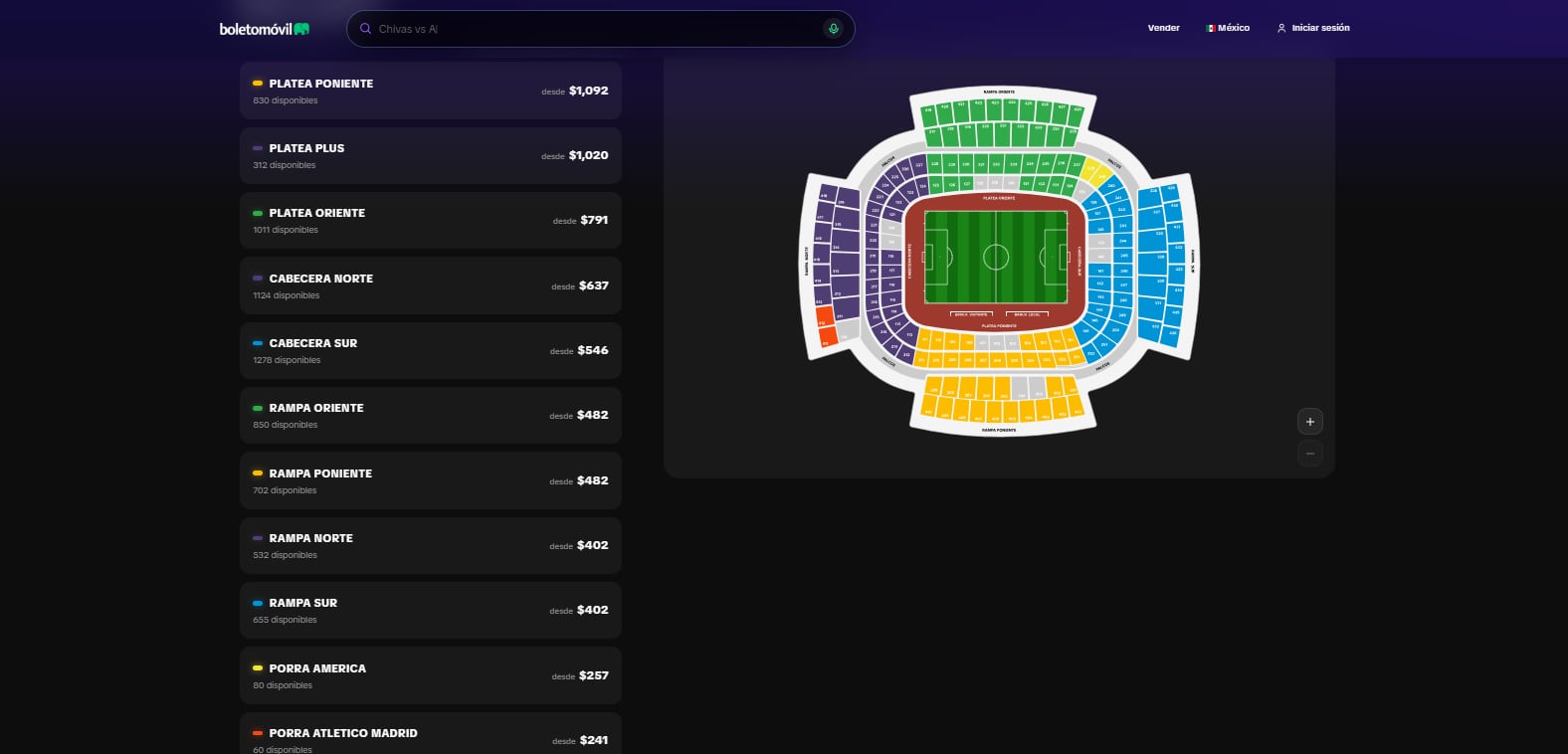 Las entradas para el juego en Puebla oscilan entre los 241 pesos en la zona de porras y los mil 92 pesos en la Platea Poniente. (Captura de pantalla)