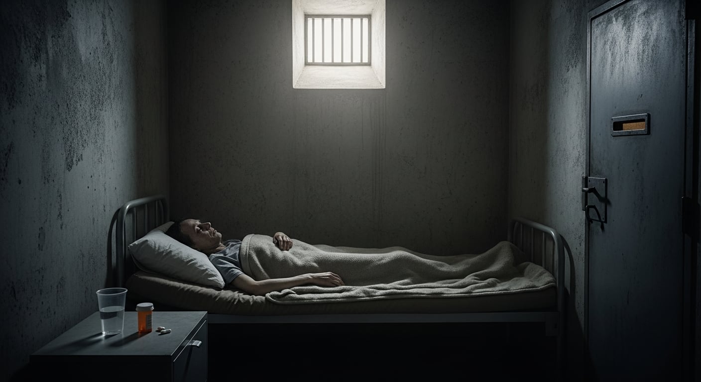 Un hombre yace enfermo en la cama de su celda, junto a un vaso de agua y medicamentos, lo que indica las condiciones sanitarias en centros de reclusión. (Imagen Ilustrativa Infobae)