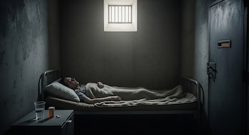 Hombre acostado en cama dentro de una celda oscura con ventana enrejada y puerta metálica. En la mesa de noche, un vaso con agua y píldoras.