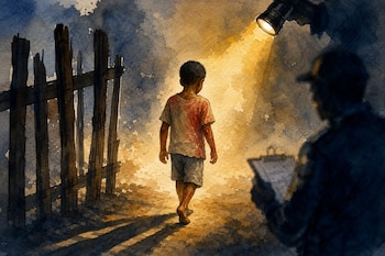Ilustración en acuarela de un niño que camina de espaldas junto a una cerca, iluminado por la linterna de una persona con un portapapeles.