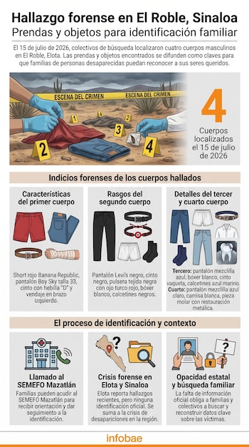 Infografía. Escena de crimen, manos enguantadas. Presenta gráficos de ropa, accesorios y un molar para la identificación de cuatro cuerpos.