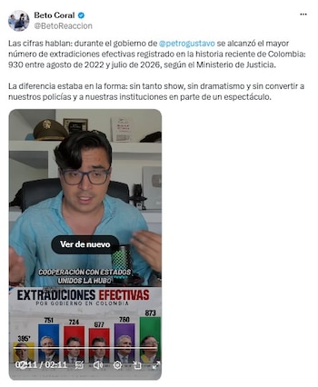 - Beto Coral custionó la forma en la que Abelardo de la Espriella maneja los procesos de extradicción en comparación con lo hecho por Gustavo Petro: "La diferencia estaba en la forma y sin convertir a nuestros policías en parte de un espectáculo" - crédito @BetoReaccion/X