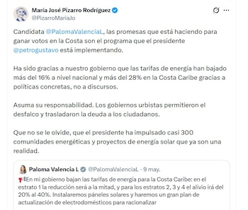 María José Pizarro acusó a Valencia de presentar como propia una estrategia que, según dijo, ya impulsa el Gobierno de Gustavo Petro - crédito @PizarroMariaJo/X