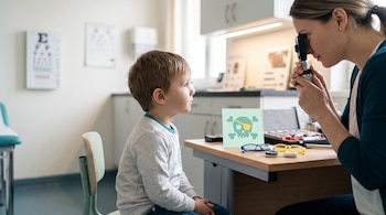 Una doctora examina con un oftalmoscopio a un niño sentado frente a una mesa con gafas infantiles y una tarjeta con un dibujo en un consultorio.