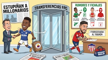 Caricatura de futbolistas y directivos. Estupiñán con camiseta de Millonarios, Fydriszewski con camiseta de Independiente Medellín. Escudos de Deportivo Pasto, Junior FC. Periódicos, puerta giratoria, tablero de rumores.