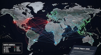 Un mapa mundial con continentes destacados y líneas de colores que indican rutas y puntos de operación, junto a una leyenda y el texto "UNODC Report 2025".