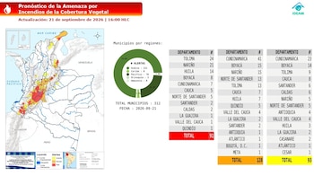 El Ideam reporta 312 municipios en alerta por amenaza de incendios forestales, con la región Andina y departamentos como Tolima y Nariño entre los más afectados - crédito Ideam