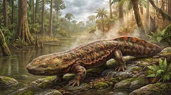 Una salamandra gigante de color camuflaje en el borde de un río con fondo de pantano y árboles frondosos bajo un cielo nublado con luz solar.