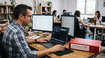 Un hombre con gafas utiliza una computadora portátil junto a un archivador rojo etiquetado en una oficina compartida.