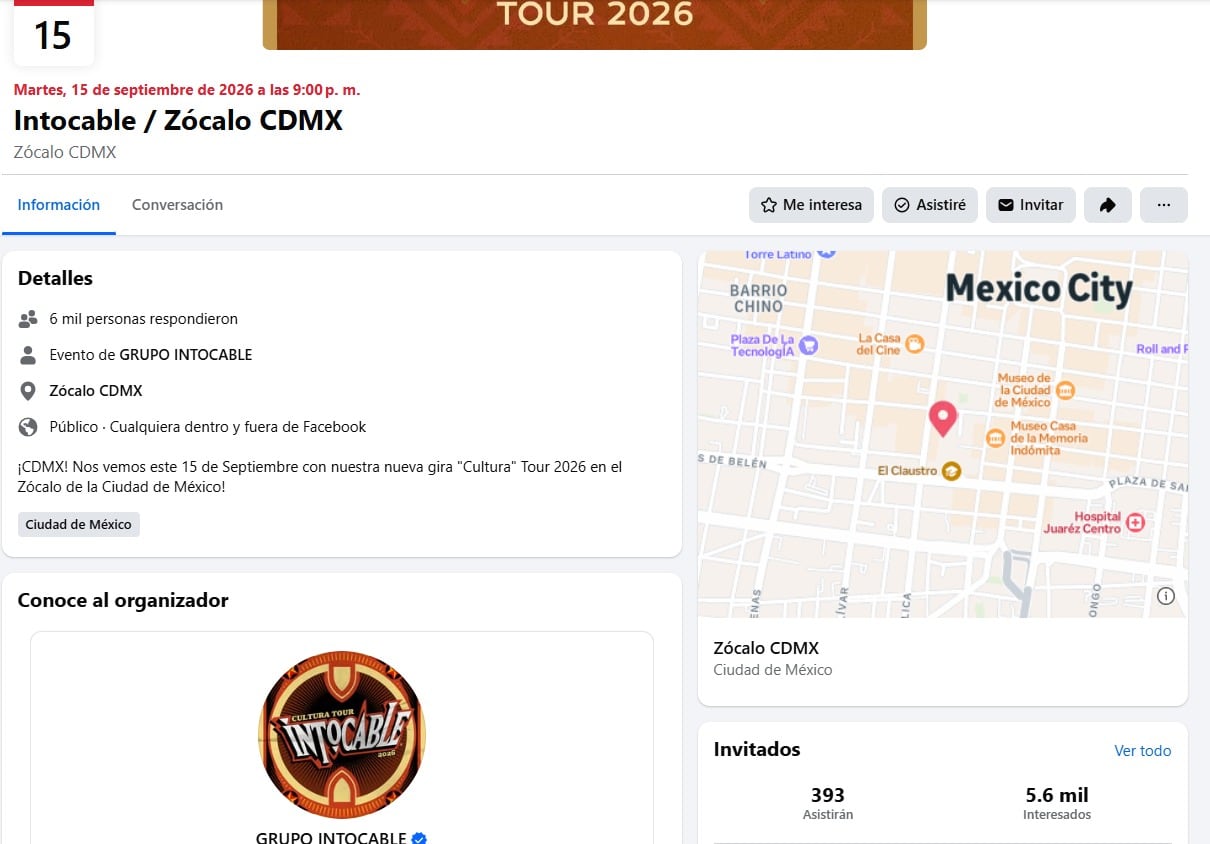 Una página de un evento en redes sociales anuncia el concierto del Grupo Intocable en el Zócalo de la Ciudad de México el 15 de septiembre de 2026. (Intocable Página oficial)
