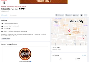 Captura de pantalla de un evento digital sobre el concierto de Intocable en el Zócalo con un mapa de la Ciudad de México y detalles del evento