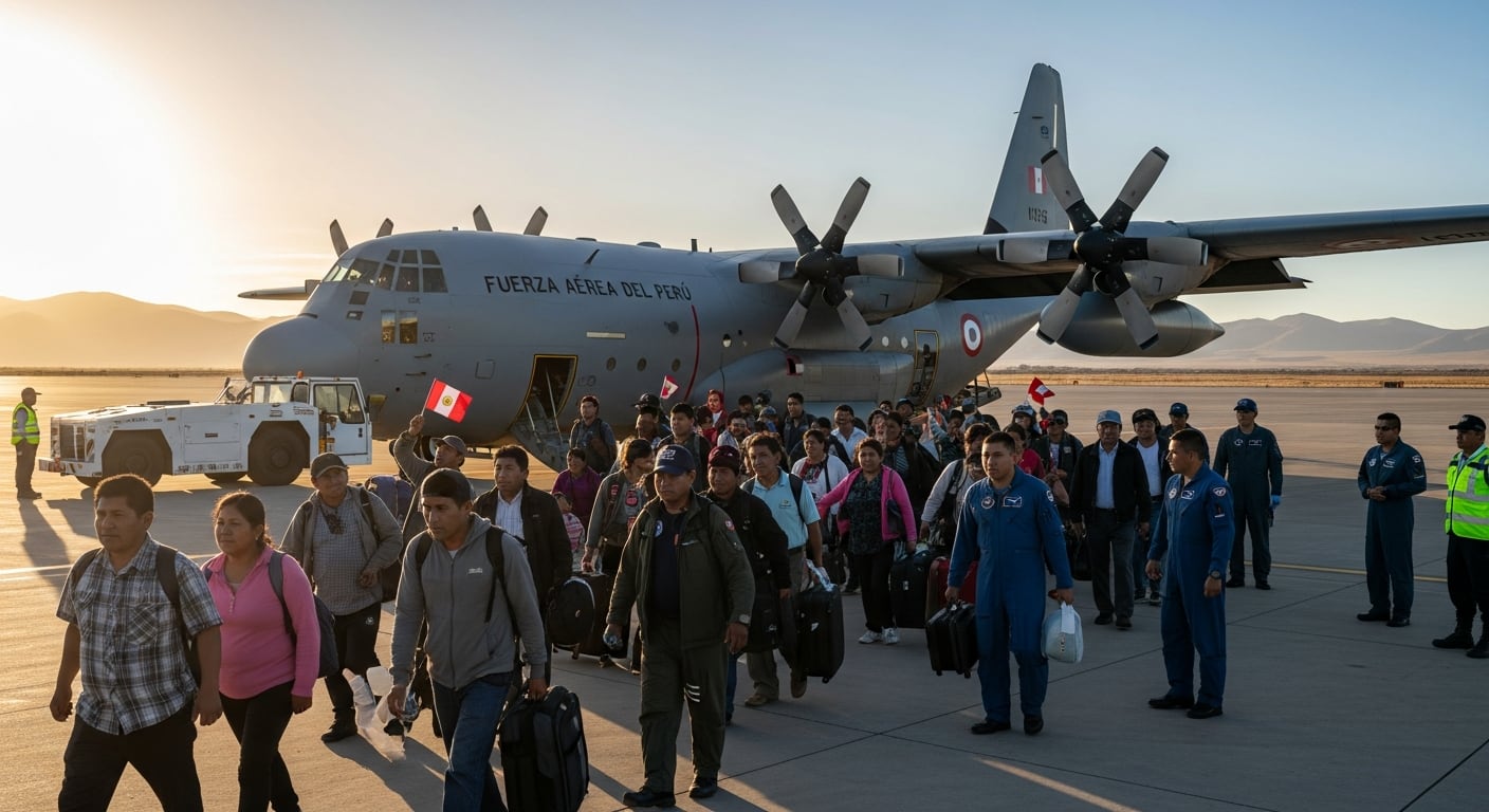 Ciudadanos peruanos, repatriados de Bolivia por un vuelo humanitario de la Fuerza Aérea del Perú, desembarcan de un avión en un aeropuerto al atardecer. (Imagen Ilustrativa Infobae)