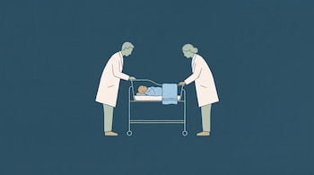 Ilustración de dos médicos con batas blancas junto a una cuna hospitalaria con ruedas que contiene a un bebé recién nacido.