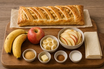 Un hojaldre horneado, plátanos, una manzana, tazones con fruta picada, mantequilla, azúcar, canela y masa sobre una tabla de madera.