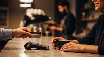 Manos en mostrador de cafetería: una paga con tarjeta en terminal, la otra sostiene taza de café humeante. Rostro sonriente y barista al fondo.