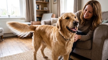 Un perro golden retriever de pelaje dorado mueve la cola cerca de una mujer sentada en un sofá dentro de una habitación luminosa.