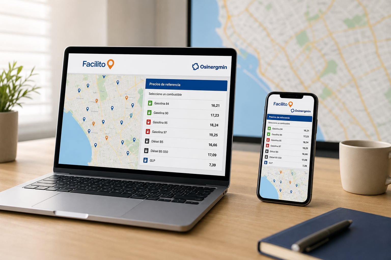 Una computadora portátil y un teléfono celular muestran la plataforma Facilito de Osinergmin para la consulta de precios de referencia de combustibles en Perú. (Imagen Ilustrativa Infobae)