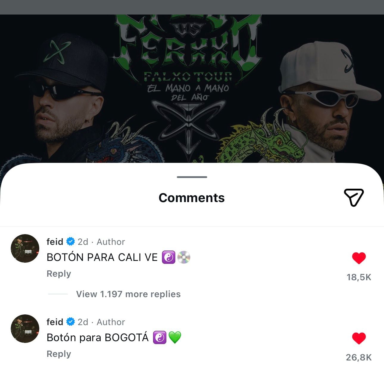 El cantante dio pistas de la llegada del Falxo Tour a ciudades como Bogotá y Cali - crédito @feid / Instagram