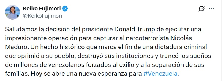 El mensaje de la lideresa de Fuerza Popular se suma a una ola de reacciones de apoyo internacional - Créditos: @KeikoFujimori