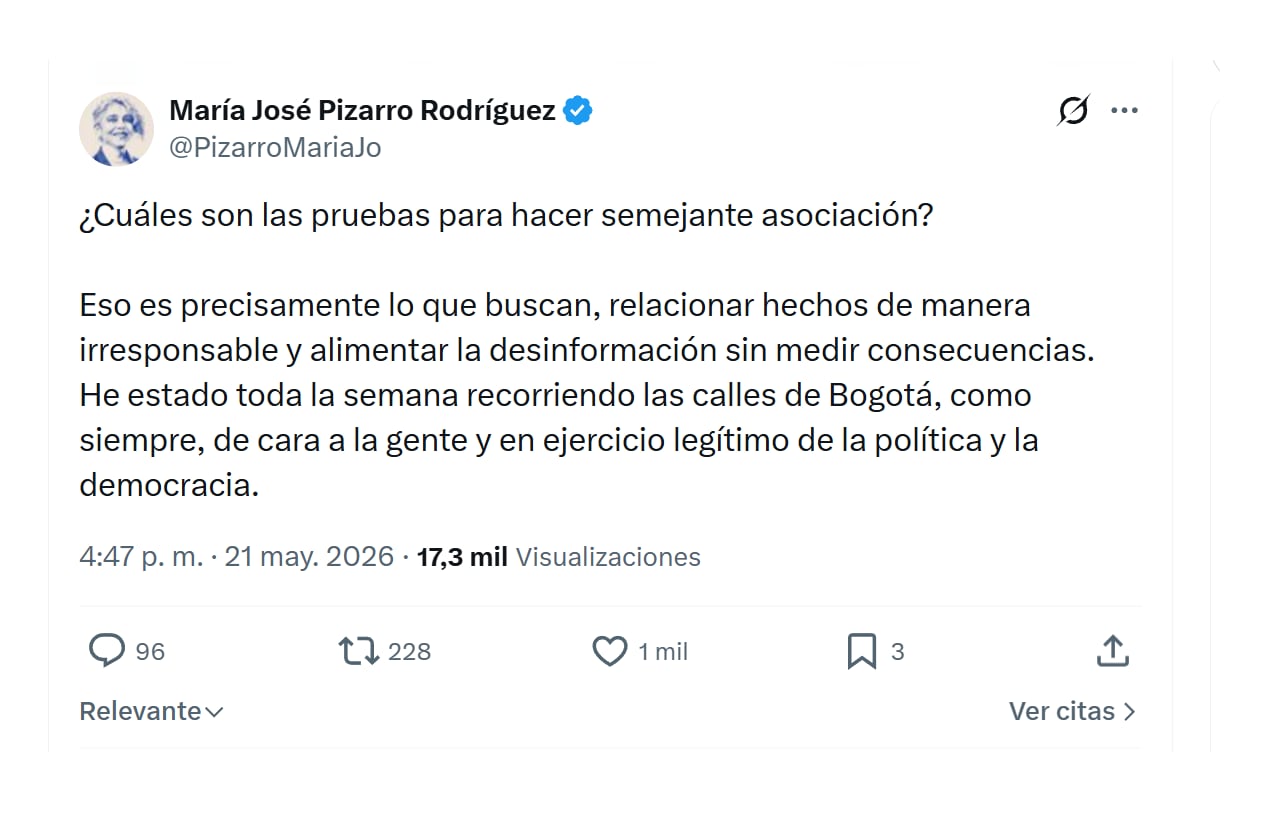 Con este mensaje en sus redes sociales, la senadora María José Pizarro negó estar relacionada con los actos vandálicos en la sede de Paloma Valencia en Bogotá - crédito @PizarroMariaJo/X