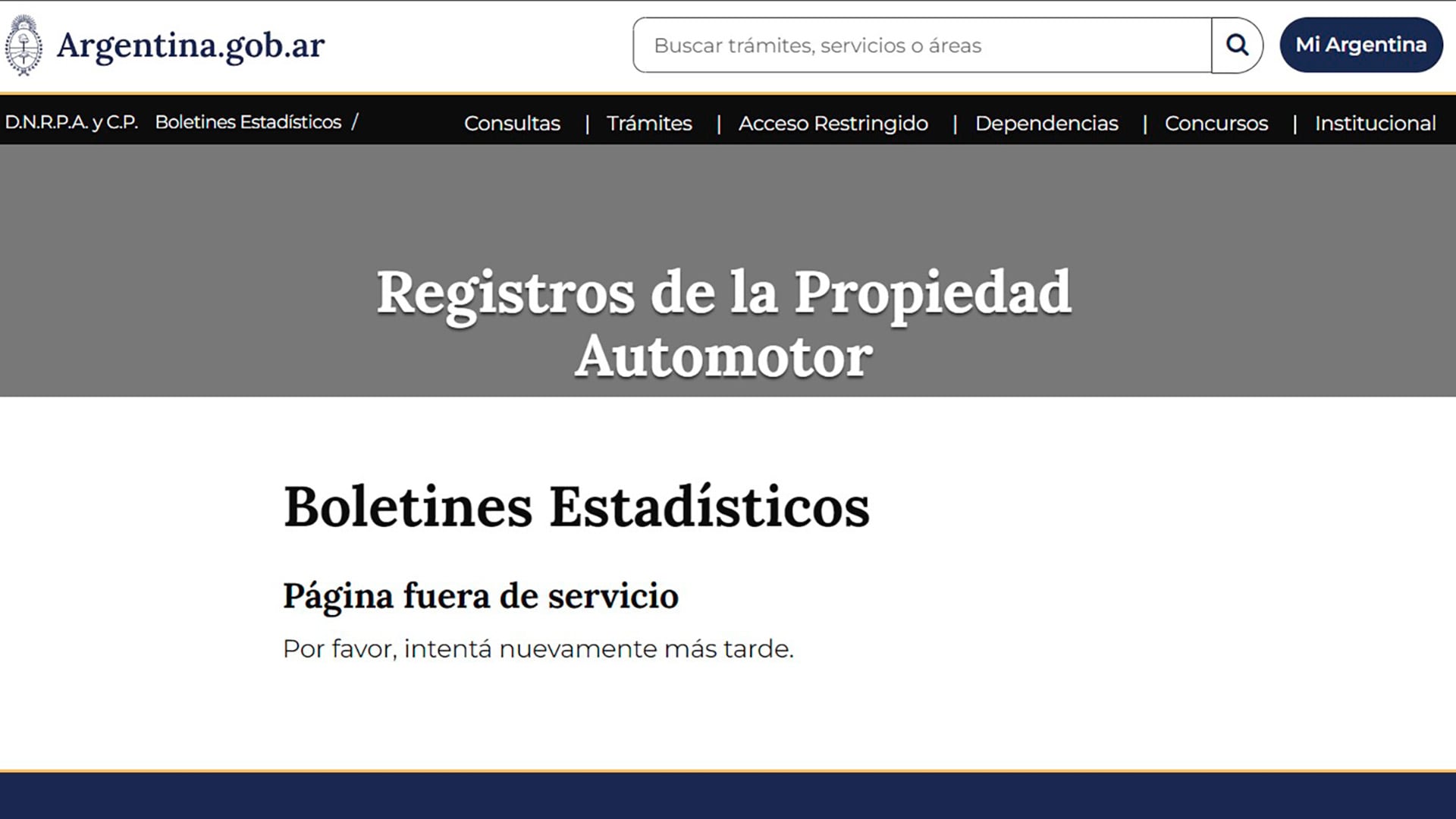 La sección de Boletines Estadísticos de la Dirección Nacional de Registros de la Propiedad Automotor aparece fuera de servicio en el sitio web Argentina.gob.ar el primer día hábil de marzo (DNRPA)