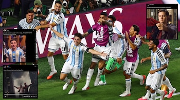 Jugadores de fútbol de Argentina celebran en la cancha con uniformes celestes y blancos. Tres capturas de pantalla de redes sociales se superponen en la imagen.