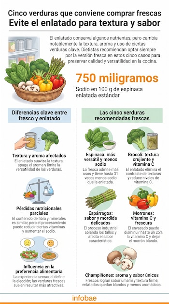 Canasta de espinaca, brócoli, pimientos, espárragos y champiñones; latas en estante; gráficas comparativas; texto sobre verduras frescas y enlatadas, y niveles de sodio.