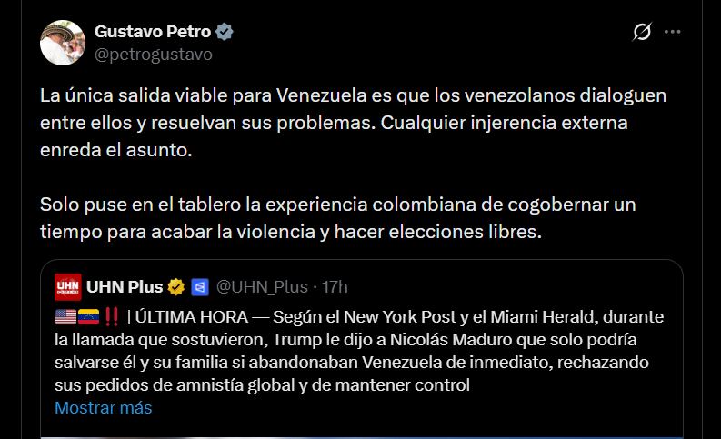 Gustavo Petro sobre la llamada de Donald Trump y Nicolás Maduro - crédito @petrogustavo/X