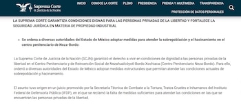 El fallo del máximo tribunal establece que las autoridades deberán presentar informes trimestrales sobre los avances del plan y garantizar condiciones de internamiento dignas y seguras. (Crédito: SCJN)