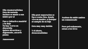 Tres paneles verticales con texto blanco sobre fondo negro, detallando una separación, viajes y reacciones de las partes involucradas