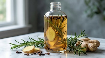 Botella de vidrio transparente con rodajas de jengibre, romero y clavos sumergidos en líquido, sobre mármol blanco junto a ingredientes frescos.