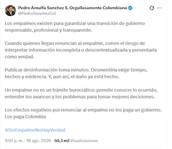 Sánchez se refirió a la publicación del informe que se reveló el martes 18 de agosto de 2026 - crédito @PedroSanchezCol/X